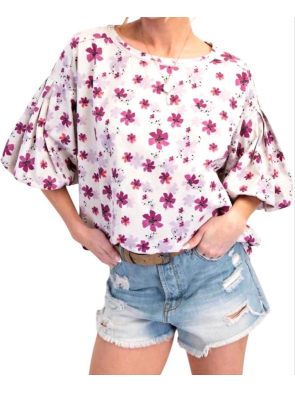 Easel Floral Print Bubble Sleeve Top in Mustard Size S